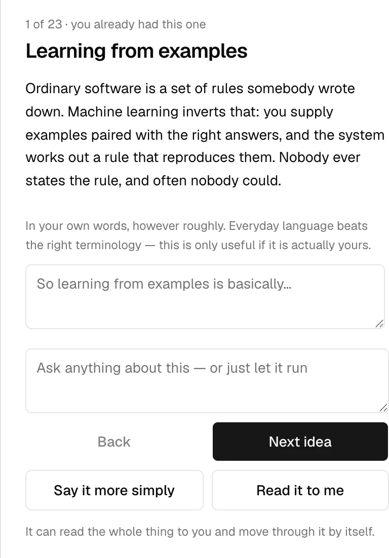 El panel de explicarlo de vuelta, con una caja que empieza: así que aprender a partir de ejemplos es básicamente.